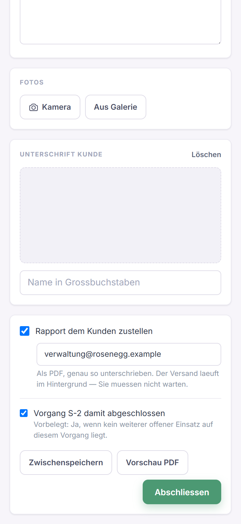 Planoo mobil – Abschluss vor Ort mit Stunden, Fotos und Unterschrift des Kunden
