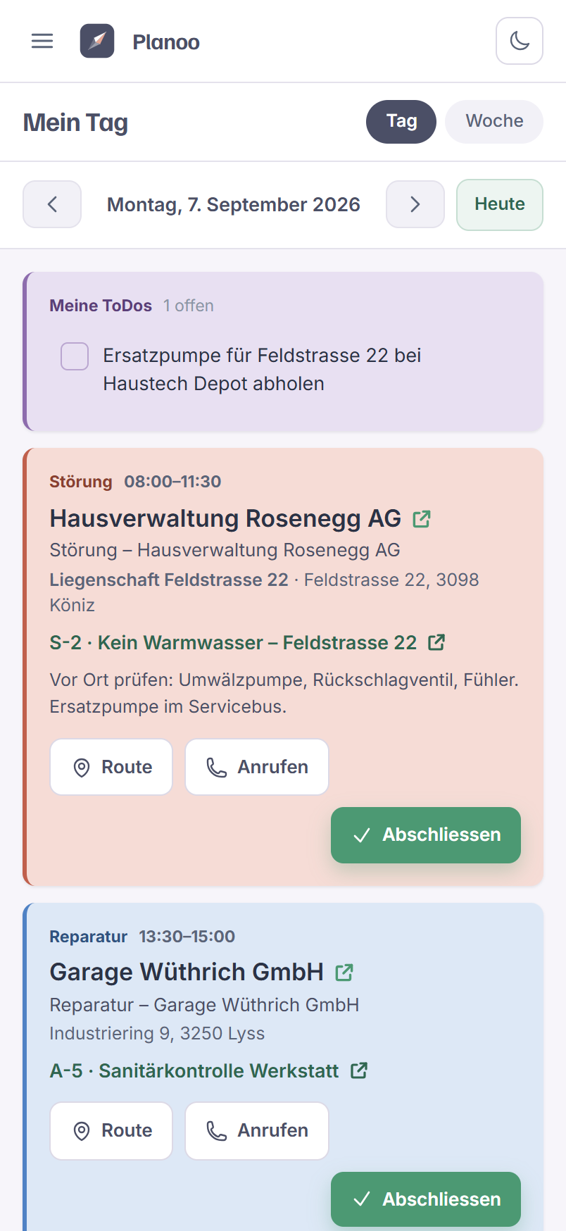Planoo mobil – Mein Tag mit Einsätzen und ToDos