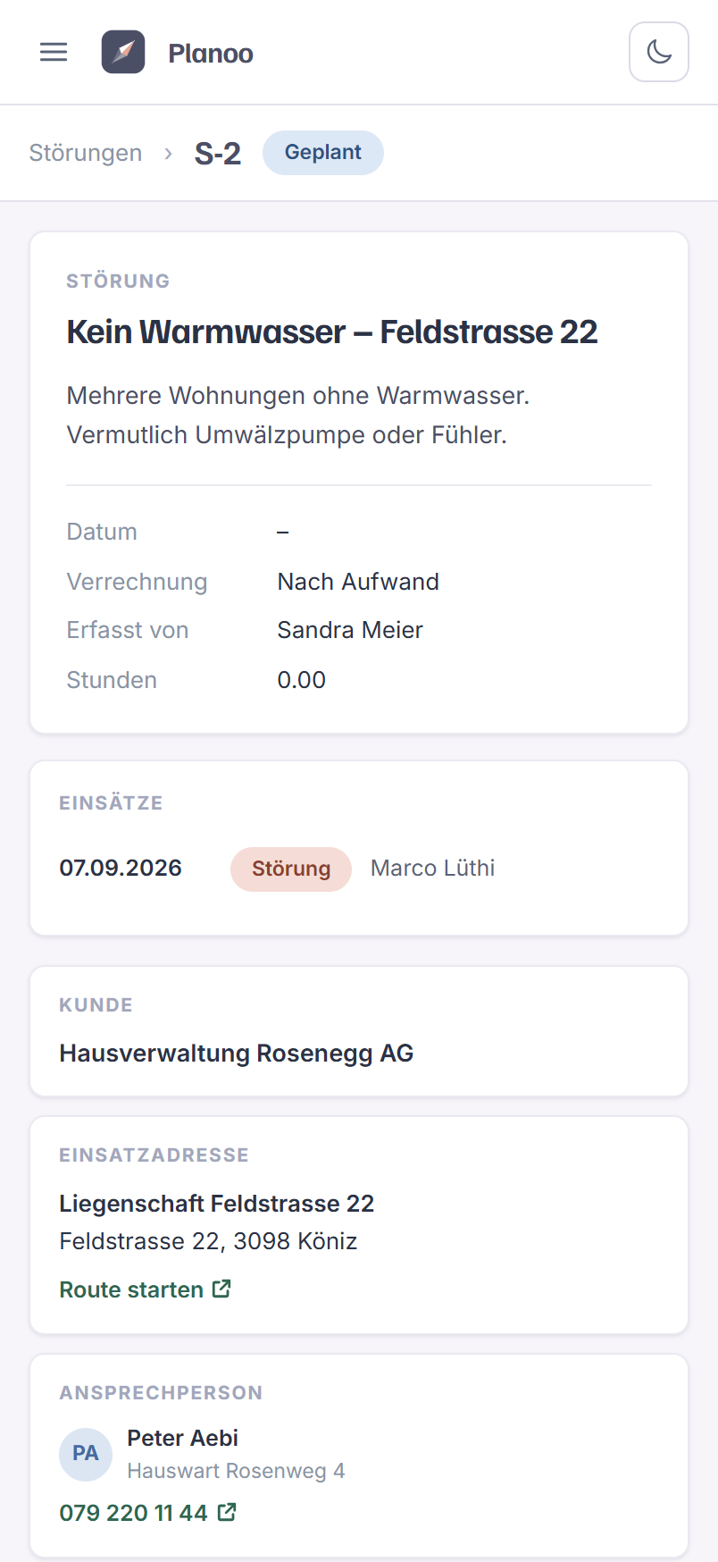 Planoo mobil – Auftrag mit Kunde, Adresse und Ansprechperson